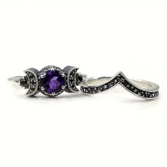 Gothic Universe Moon Star Purple Amethyst Ring Set - Picture 5 of 6